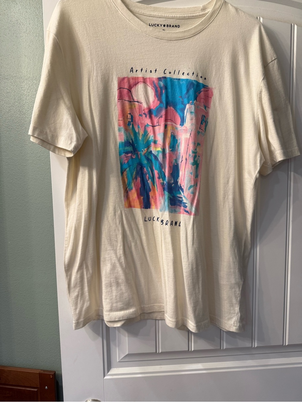 Lucky Brand Cream Tee with Tropical Pink & Blue Graphic